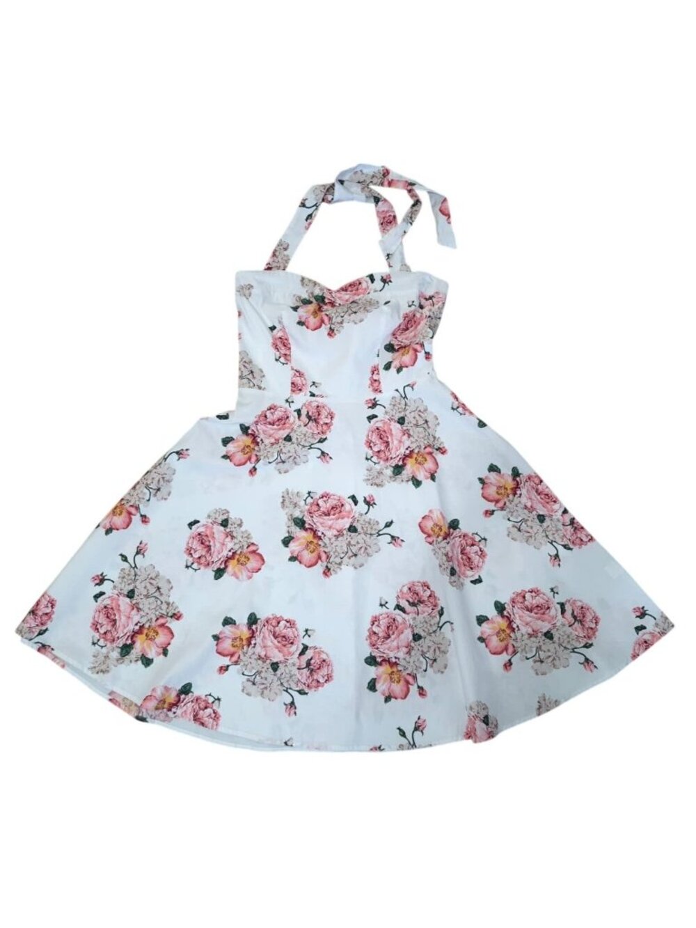 Topdness Womens Halter Floral A-Line Dress Lace-Up Cotton Spandex XL White Pink